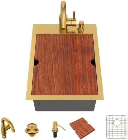 Bar Sink - Lordear 15x20 Inch Gold Bar Sink with Faucet Drop In Workstation 16 Gauge T304 Stainless Steel Single Bowl Top Mount Wet Bar RV Prep Outdoor Kitchen Sink 15x20x9 Inch by LORDEAR