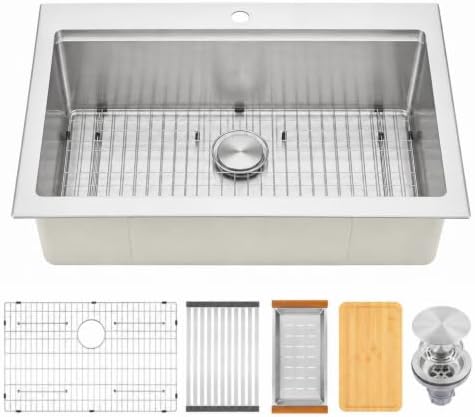 Drop In Kitchen Sink 33" X 22",Single Bowl Workstation Sinks by Lonsince