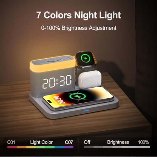 ANJANK Wireless Charging Station with Alarm Clock & Night Light,Magnetic 5 in 1 Charger Stand for Multiple-Device,Charging Dock for iPhone 17 16 15 14 13 12 Pro Max Plus,Apple Watch,Airpods,Nightstand - Image 5
