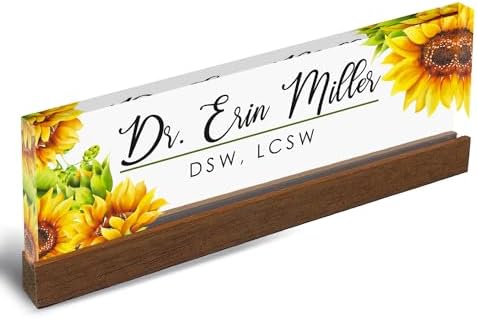 Artblox Personalized Office Desk Name Plate and Business Card Holder | Clear Acrylic Glass with Teak Wood Stand | Sunflowers Design Customized with Your Name and Credentials Office Desk Decor - Image 5