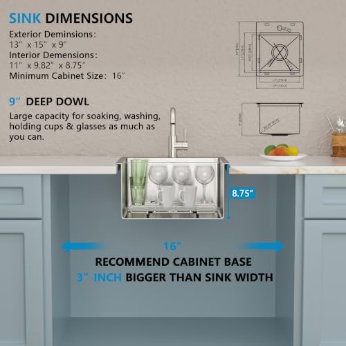 13"x15" Bar Prep Sink Drop In Workstation with Faucet Combo - Image 5