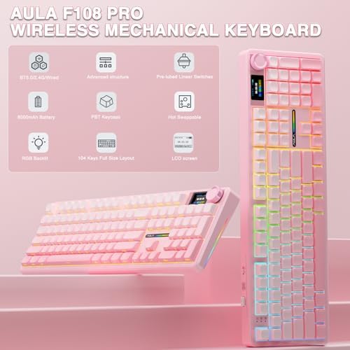 AULA F108 PRO - Wireless Mechanical Keyboard with Screen & Knob,Full Size Keyboard with 8000mAh Battery,Pre-lubed Switches,Side Printed PBT Keycaps,RGB Backlit Hot Swappable Custom Pink Keyboards - Image 2