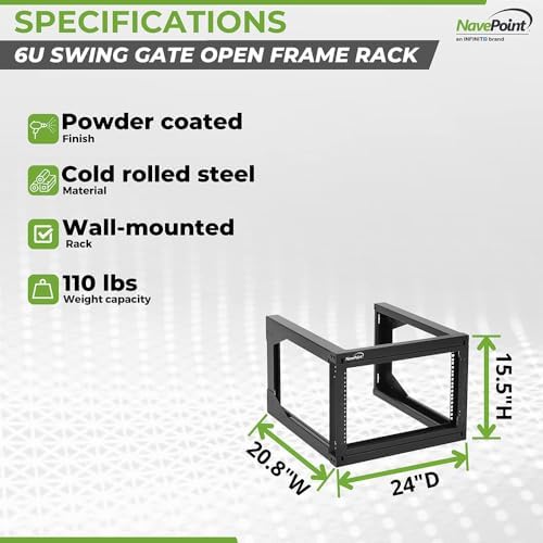 NavePoint 6U Server Rack with Swing Gate - Wall Mount Rack for 19 Inch IT & AV Equipment - 24' Deep, Black - Image 4