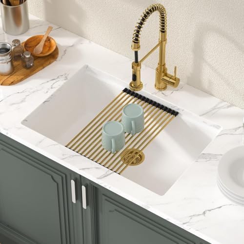 Lordear 28 Inch White Granite Composite Kitchen Sink Workstation 28x19 White Undermount Quartz Sinks Under Counter Single Bowl Sink with Classic Gold Accessories - Image 3