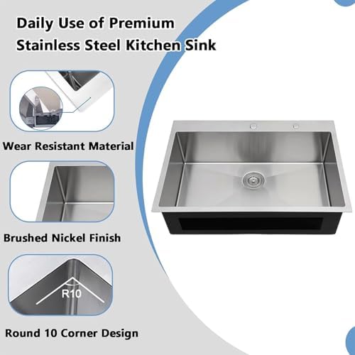 VAPSINT 33x22 Drop In Kitchen Sink, 33 Inch Stainless Steel Top Mount Single Bowl Sink for Kitchen, Overmount Handmade 16 Gauge Brushed Nickel RV Laundry Prep Sinks with Drain - Image 6