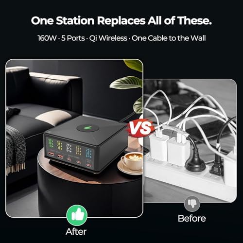160W Desktop Charger Station with Wireless Charging Pad & Per-Port Display - Image 6