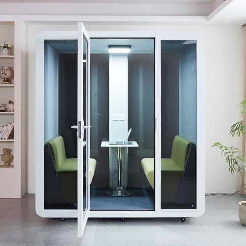 GEARONIC Mobile Office Pod Booth, Sound Proof Office Pod Booth with Mobile Roller, Larger Space for 2-4 People, LED Lighting System,Fans and AC USB Ports（White-Grey） - Image 4