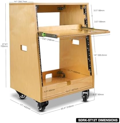 Sound Town DIY Slanted 12U Studio Rack (4U Top + 8U Lower), with 2U Bottom Storage, Slide-Out Tray, Caster, Plywood, Golden Oak for Recording Room, Home Studio (SDRK-ST12T) - Image 5