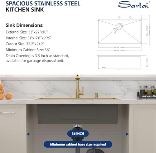 Sarlai 33 Gold Drop In Kitchen Sink Workstation Topmount 33x22 Inch Sinks - Image 4