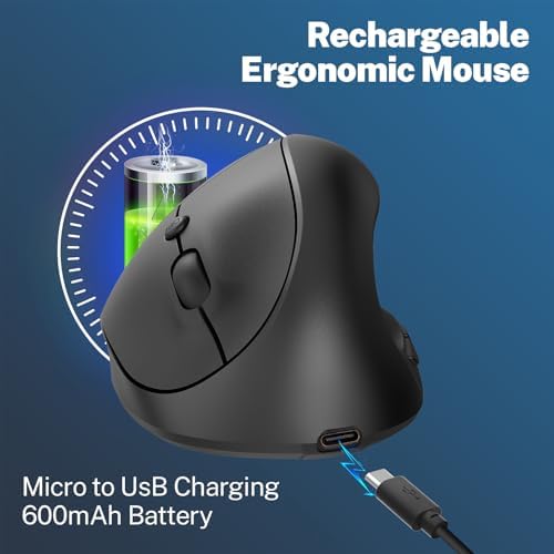 Ergonomic Mouse,Rechargeable Small Vertical Mouse with 6 Buttons Adjustable 800/1200/1600 DPI Purple Wireless Mouse for Laptop, Desktop, PC, MacBook (Black) - Image 4