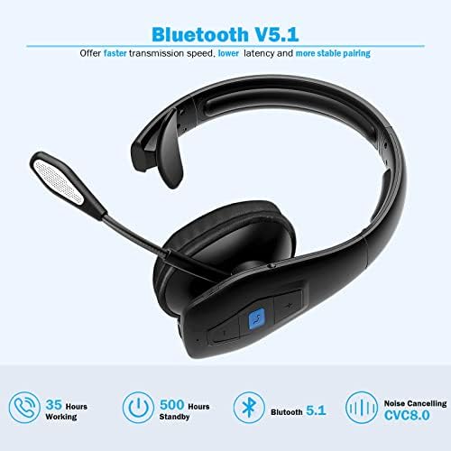 Conambo Bluetooth Headset V5.1, Trucker Bluetooth Headset with CVC8.0 Dual Mic Noise Canceling & Mute Button & 60 Hrs Workingtime Wireless On-Ear Headphones for Trucker Home Office Work Cell Phones - Image 4