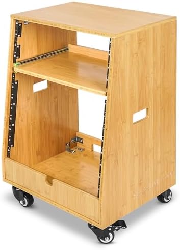Sound Town DIY Solid Carbonized Bamboo Slanted 12U Studio Rack (4U Top + 8U Lower), with 2U Bottom Storage, Slide-Out Tray, Caster, For Recording Room, Home Studio (STBR-ST12T) - Image 3