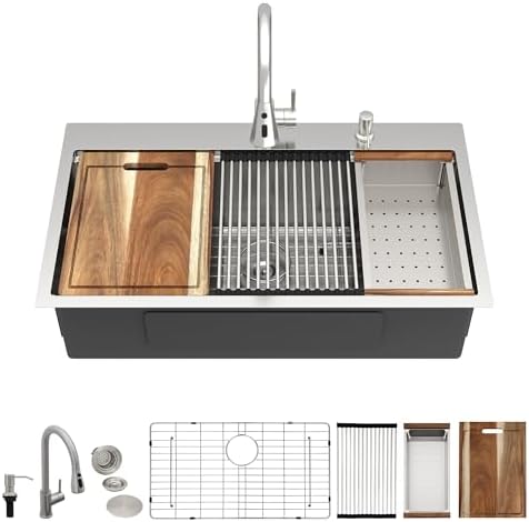 33 Kitchen Sink Drop In - Fulorni 33"x19" Ledge Workstation Top Mount 16 Gauge 304 Stainless Steel Over Mount Single Bowl Sink Basin with Faucet, Soap Dispenser by FULORNI
