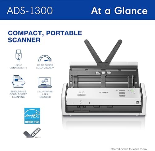Brother ADS-1300 Compact Desktop Scanner | Scan Speeds of Up to 30ppm | Single Pass Double-Sided Scanning (Renewed Premium) - Image 2