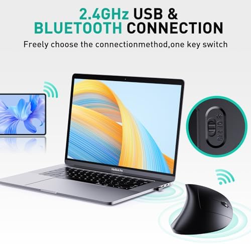 JYKEYMOUT Bluetooth and 2.4G (2-in-1) Rechargeable Wireless Mouse, Ergonomic Vertical Design, 1000/1200/1600 DPI, 6 Silent Buttons, for Laptop, Computer, PC, MacBook, Chromebook-Black - Image 2