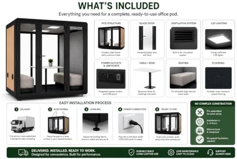 Mobile Office Pod for 4–6 People, Sound-Reducing Meeting Booth with Glass Door, Ventilation, LED Lighting & Power Outlets - Image 6