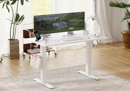 Seang Electric Standing Desk Adjustable Height, 40 x 24 Inch Sit Stand Desk with T-Shaped Frame, 3 Memory Presets & Cable Management for Home Office Computer Workstation, White Frame/White Top - Image 2