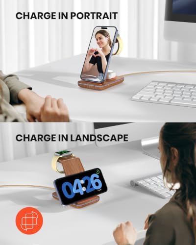 GEEKERA Wireless Charger, 3 in 1 Wireless Charging Station for iPhone Air/17/16/15/14/13/12/11, Phone and Watch Charger Stand for Apple Watch Ultra 3-2/11-2/SE, AirPods Pro/4/3/2, Dark Wood - Image 4