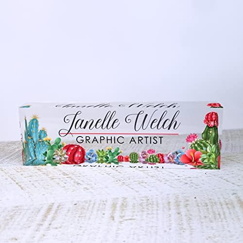 Artblox Office Desk Name Plate Personalized | Custom Name Plates for Desks | Cactus Design On Clear Acrylic Glass | Cute Office Desk Accessories Customized Gifts - (8" x 2.5") - Image 2