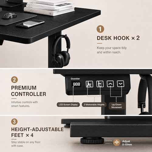 Grandder 47x32 Large Electric Standing Desk, Height Adjustable Computer Desk with 2 Memory Presets, 31.5" Deep Desktop Sit Stand Desk Home Office Desk Workstation Table with Hooks, Black - Image 6