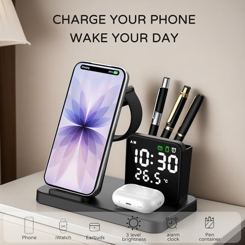 5 in 1 Wireless Charging Station with Alarm Clock Pen Holder, Fast Wireless Charger for iPhone 17/16/15/14/13/12/Pro/Max/Air, for iWatch & AirPods, Charger Stand with Temperature, Snooze Model White - Image 2