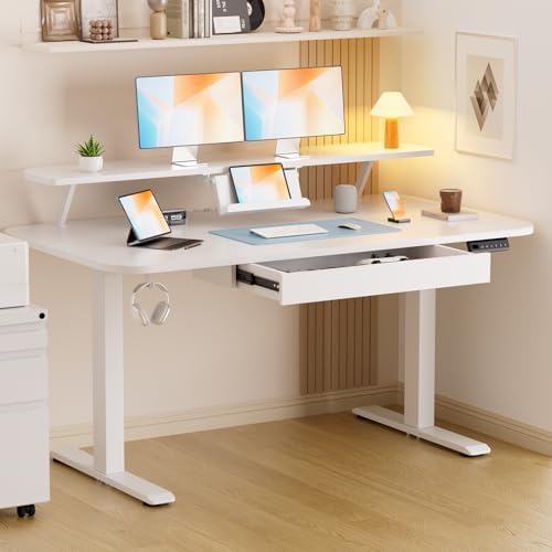 GTPLAYER Electric Standing Desk with Drawers, 55 x 24 Inches Height Adjustable Computer Desk with Monitor Stand, Laptop Stand, Sit Stand up Desk with Memory Preset for Home, Office, White by GTPLAYER