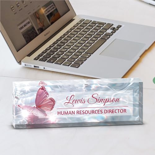 Custom Name Plate for Desk, Office Desk Double sided pattern Name Plate Personalized Office Desk Decor for Women and Men, Teacher Nurse Boss Employee Appreciation Gifts (Water wave butterfly, customization) - Image 6