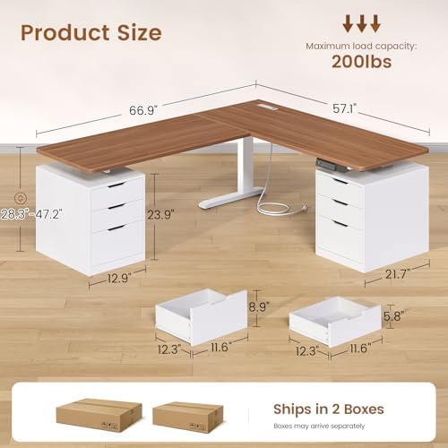 SEDETA L Shaped Electric Standing Desk, 66.9" x 57.1" Height Adjustable Corner Desk with 6 Drawers & Built-in Power Outlet, 3 Memory Presets, 200lbs Capacity, White + Brown - Image 2