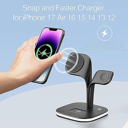 EXW Wireless Charging Station for Magsafe Charger,Charging Station for Multiple Devices,Wireless Charger for iPhone 17 Air 16 15 14 13 12,Apple Watch,AirPods with LED(Black) - Image 2