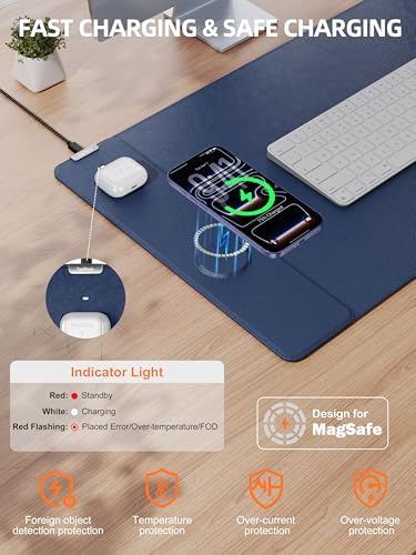 Mouse Pad with 15W Wireless Charging, XXL Large Leather Desk Mat, Blue - Image 2