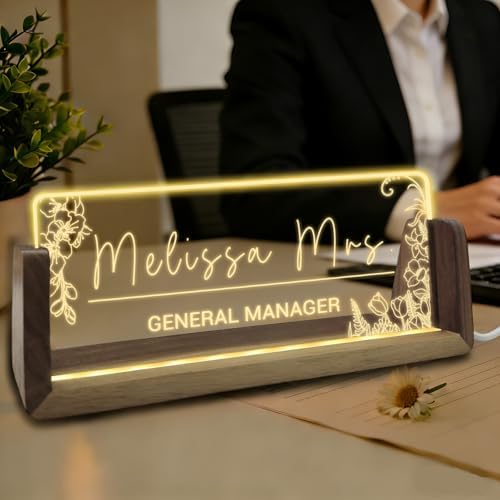 Desk Name Plate Personalized Custom Light Up Acrylic Plaque for Desk Customized Office Gifts for Boss Coworkers Teacher Employee Office Decor for Women Men by YAEILOV