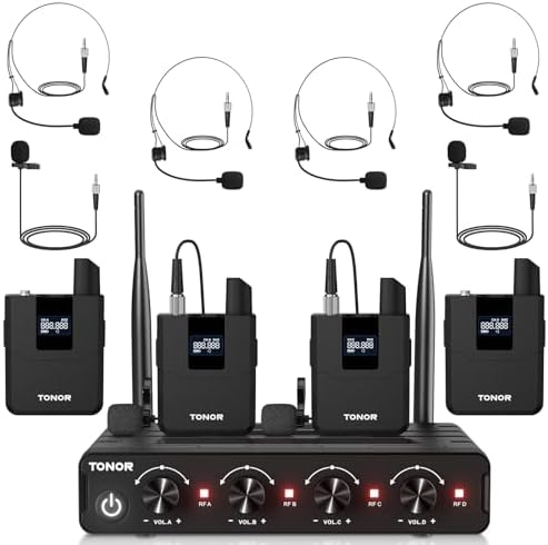 TONOR Wireless Microphones System with UHF Headset/Lavalier Lapel Mics, Bodypack Transmitter, Receiver, 4 * 10 Channels, 60 m/200ft Range for Church Conference Performance Singing Karaoke PA Speaker by TONOR