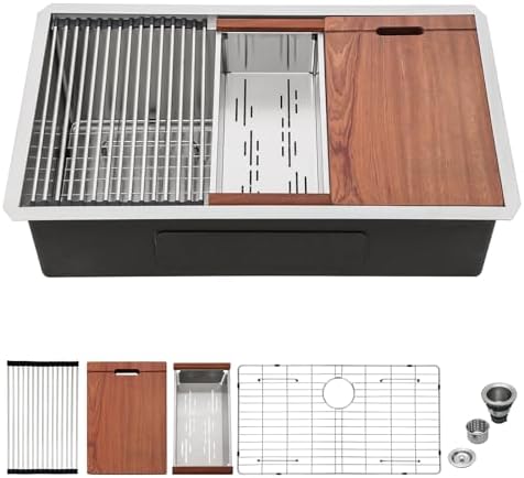 33 Undermount Kitchen Sink - Mocoloo 33 x 19 Undermount Sink Workstation Stainless Steel Kitchen Sinks 16 Gauge Single Bowl Handmade,10'' Deep Basin by MocolooHome