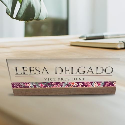Artblox Personalized Office Desk Name Plate and Business Card Holder | Clear Acrylic Glass with Teak Wood Stand | Wild Flowers Design Customized with Your Name and Credentials Office Desk Décor - Image 5