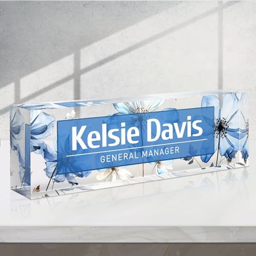 Custom Name Plate for Desk - Personalized Gifts Acrylic Name Plate for Women Men - Office Decor Gifts for Coworkers, Boss, Employees, Teacher, Social Worker (Blue Flower) by Gowelly