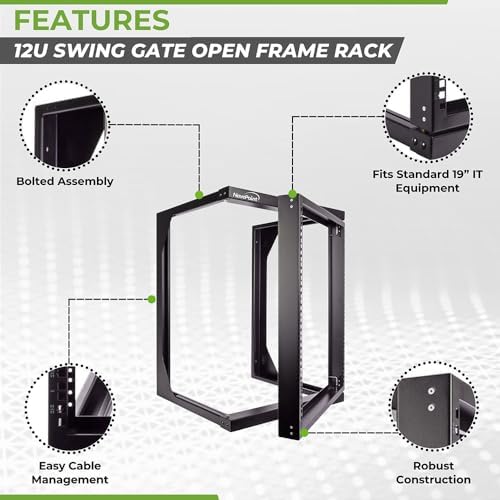NavePoint 12U Server Rack with Swing Gate - Wall Mount Rack for 19 Inch IT Equipment Open Frame Rack – Network Rack Wall Mount for AV & Server Equipment 18” Deep Rack, Black - Image 2