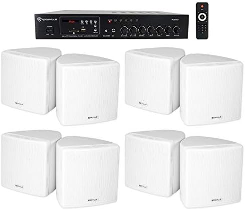 Rockville RCS80-1 70v Restaurant Amplifier with 8 White Cube Speakers by Rockville