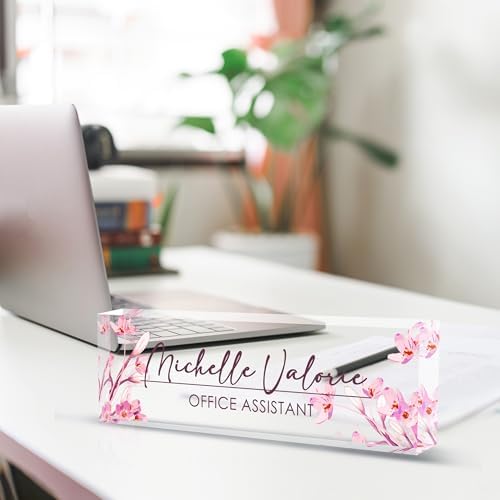 Personalized Name Plate for Desk, Custom Desk Name Plate, Acrylic Name Plate Office Desk Accessories, Personalized Office Gifts for Coworkers Teachers, Employee Appreciation Gifts (A-Pink Flower) - Image 4