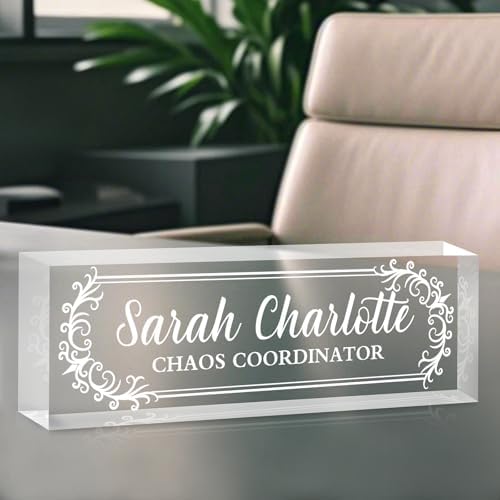 Custom Name Plate for Desk, Personalized Desk Name Plate on Clear Acrylic Glass, Appreciation Gifts for Teacher Employee Boss Coworkers Nurse, Office Desktop Accessories for Women Men (Engraved Thorn) - Image 4