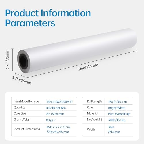 wide format, Inkjet Printer Paper 36 Inch x 150 ft 4 Roll, 2 Inch Core CAD Bond Rolls, 95 Bright, 30lb Plotter Paper for Wide Format Printer - Image 2