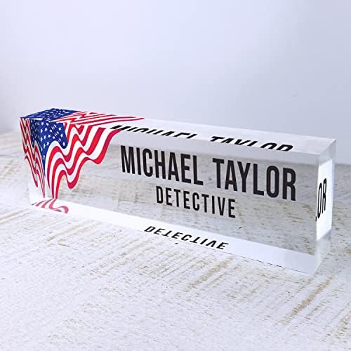 Artblox Office Desk Name Plate Personalized | Custom Name Plates for Desks | Us Flag Design On Clear Acrylic Glass | Office Desk Decor - (8" x 2.5") - Image 5