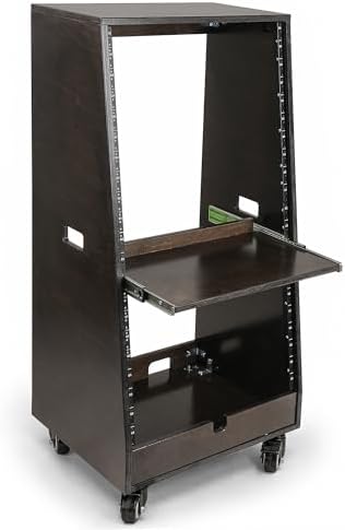Sound Town DIY Slanted 20U Studio Rack (12U Top + 8U Lower) with 2U Bottom Storage, Slide-Out Tray, Casters, for Home Studio and Recording Room, Birch Plywood, Black Espresso (SDRK-ST20TD) by SOUNDTOWN