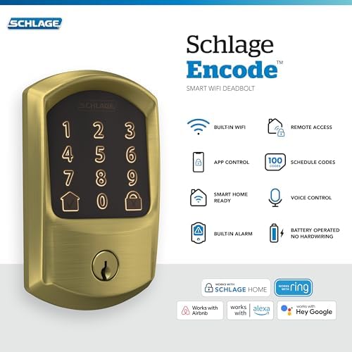 Schlage Encode Smart WiFi Deadbolt Lock with Greenwich Trim, Satin Brass - Image 2
