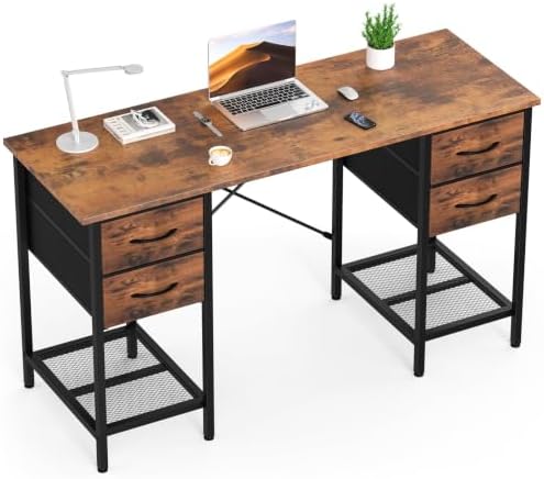 Sweetcrispy 56" Computer Desk with 4 Drawers and Shelve, Brown by Sweetcrispy