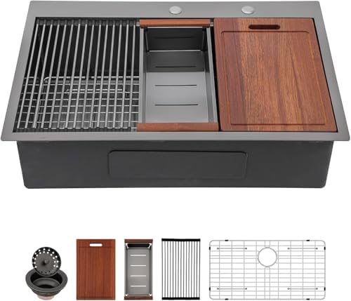 Sarlai 33 Inch Black Drop In Kitchen Sink Workstation - 33x19 Drop In Kitchen Sink Black Stainless Steel Topmount Workstation Sink 16 Gauge Deep Single Bowl Top-mount Kitchen Sink by Sarlai