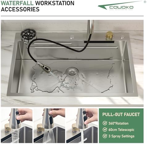 33x22 Drop In Workstation Waterfall Kitchen Sink with Accessories - Image 5