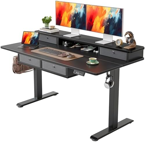 TIQLAB 55 * 28 Inch Standing Desk with Four Drawers, Electric Sit Stand Table, Stand Up Desk Adjustable Height with Storage Shelf, Splice Board, Black by TIQLAB
