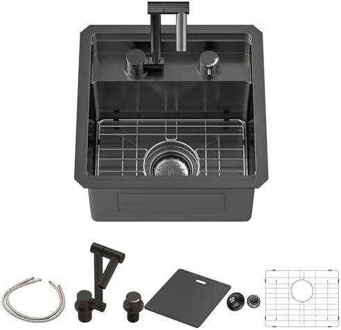 Sarlai Black Undermount Bar Sink With Foldable Faucet - 15x15 Inch Outdoor Black Kitchen Sink RV Workstation 16 Gauge Stainless Steel Single Bowl Handmade Outdoor BBQ Sinks with Lid by Sarlai