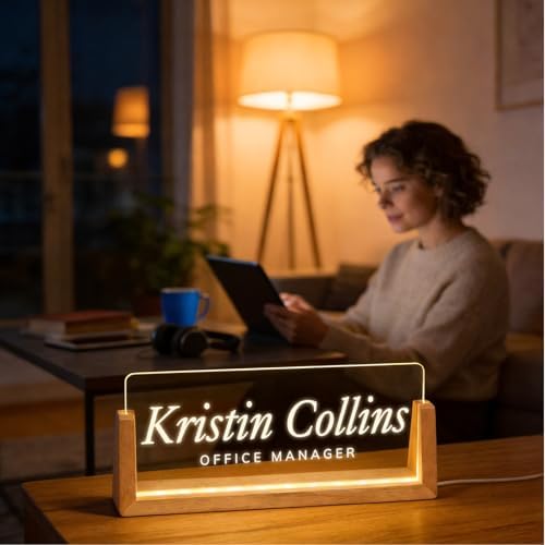 Personalized Light Up Acrylic Desk Name Plate - Custom Name Plate for Desk with Walnut Wood Base - Appreciation Office Gifts for Employees, Teacher, Social Worker (engraving) - Image 6