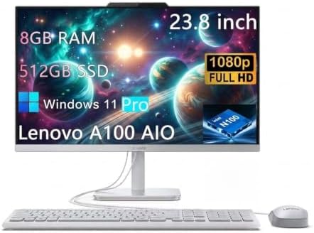 Lenovo All-in-One Desktop Computer, 8 GB RAM, 512 GB SSD, Windows 11 Pro, 23.8 Inch IPS FHD Display, Intel 4-Core Processor, Intel UHD Graphics, Wired Keyboard & Mouse, White by LENOVO
